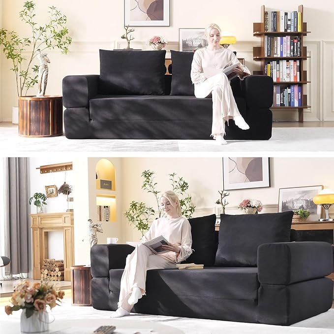 79'' Convertible Sleeper Sofa Bed, 3-in-1 Foldable Floor Couch with Corduroy Upholstery, No Assembly Loveseat, Light Brown Lounge Mattress for Living Room, Studio, Guest Room (Black)