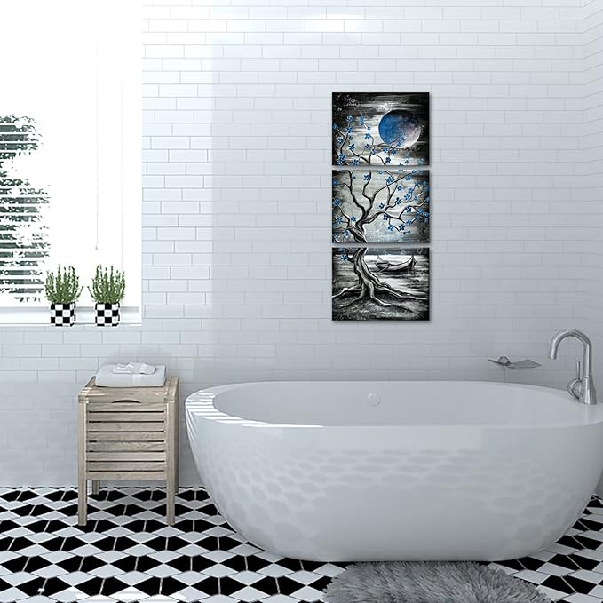 KREATIVE ARTS 3 Piece Full Moon Tree Canvas Wall Art Modern Abstract Black and White Tree Landscape Painting Prints for Bedroom Bathroom Decor Gallery Wrapped Artwork Ready to Hang (Blue)