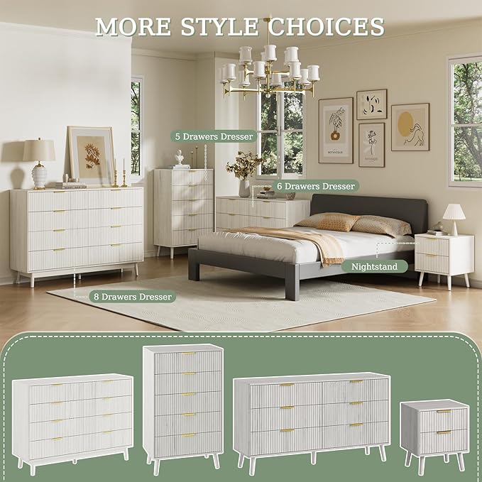 LYNSOM Fluted Dresser and Nightstand Sets 3 Piece, 9-Drawers Dresser and 1-Drawer Nightstands Set of 2, Wood Bedroom Furniture Set for Home, Bedroom, Hallway, White
