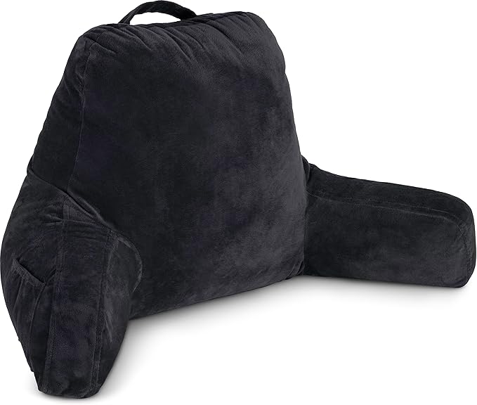 Husband Pillow Black, Original Reading Pillow in Bed Rest Chair, Shredded Memory Foam Large Lounge Cushion Adult Backrest with Arms, Comfy Back Support for Sit Sitting Up, Washable/Removable Cover