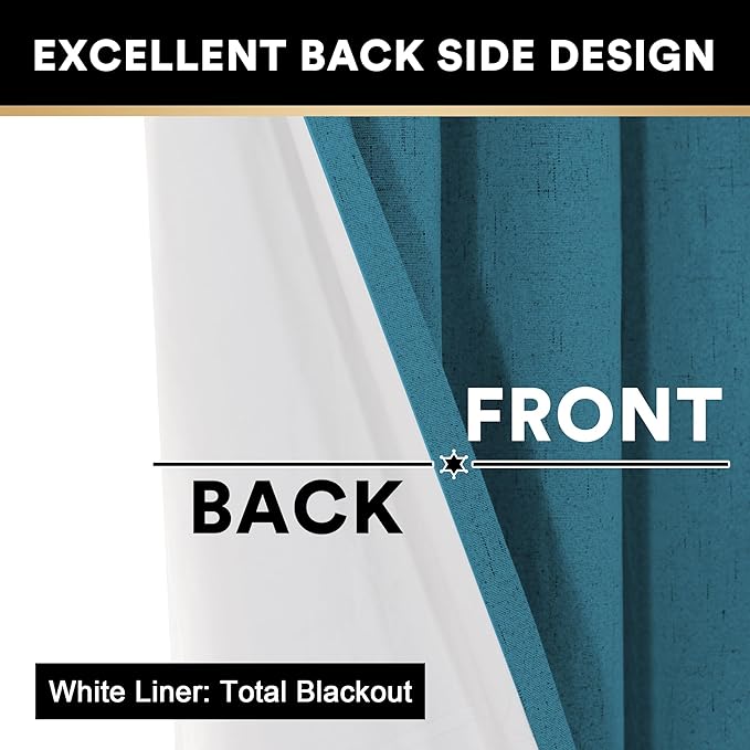 PrinceDeco Blackout Curtains 84 Inches Length 2 Panels Set 100% Blackout Curtains for Bedroom Living Room, Nursery, Office,Solid Linen Textured Curtains with White Liner,Blue Sapphire,42" W x 84" L