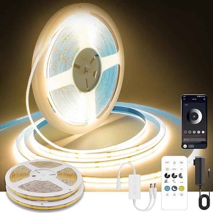 COB LED Strip Lights Warm White,24V Dimmable led Light Strip KIT with Remote and app Control,3000K 50FT/15m 8mm Wide Ra>90 Cuttable Flexible Strip Lights for Bedroom,Wardrobe,Cabinet