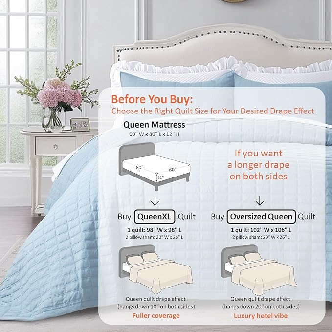KASENTEX Queen XL Quilt Set 98"x98" – Soft Washed 3-Layer Lightweight Bedspread, Minimalist Nordic Design, All-Season Spring & Summer Quilt Set (1 Quilt + 2 Pillow Shams), Grey Blue
