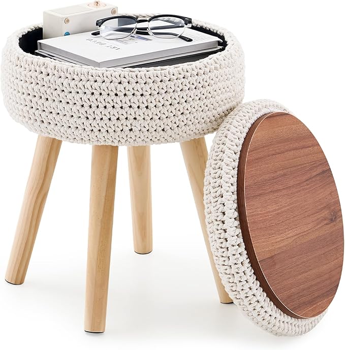 LGENHOOM Round Foot Stool Ottoman with Storage Footrest with Wood Legs Cotton Knitted Vanity Stool Tray Top Coffee Table Multifunctional Upholstered Footstool for Living Room Bedroom White
