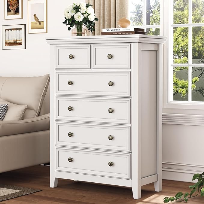 Tall Dresser for Bedroom, White 6 Drawers Dresser, Farmhouse Dresser for Bedroom，Storage Drawers Cabinet for Living Room, Home Office
