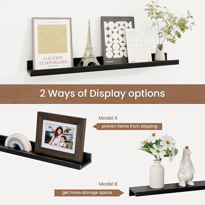 Picture Ledge Shelf, Floating Shelves Set of 2, 24 Inches Solid Wood Nursery Book Shelves for Toys Storage, Kids Bookshelf Wall Mounted for Living Room Bedroom Decor Books Photo Frames, Black