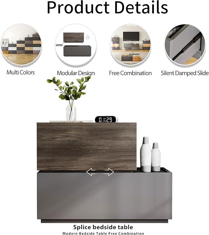 Modern Nightstand Stackable Storage Drawers, Modular Bedroom Furniture Set - Storage Cabinet, Bedside Table, Sofa End Table for Bedroom Living Room Hallway Entryway Walnut Large
