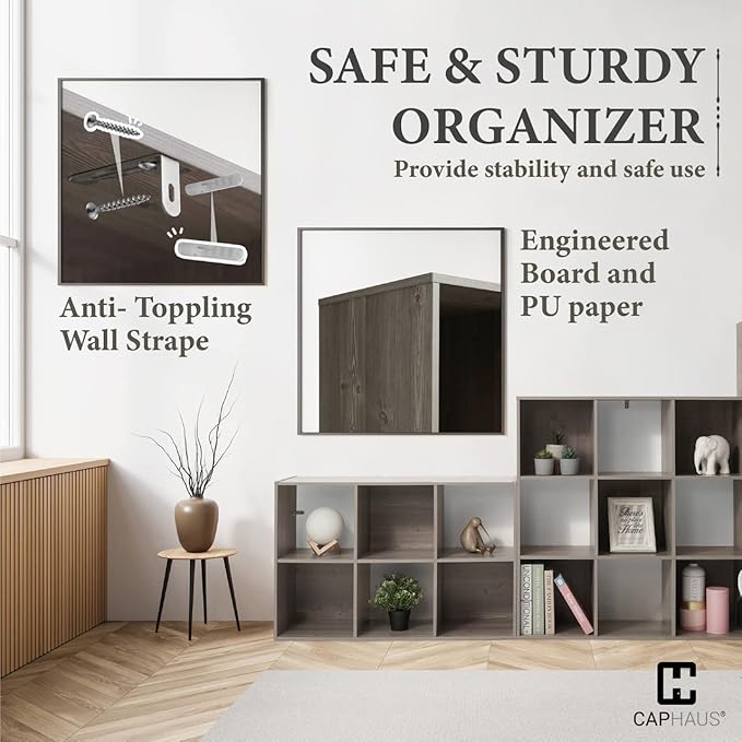 CAPHAUS Sturdy Room 11-Inch Cube Storage Organizer Shelf, with Thick Exterior Edge, Storage Shelf Divider w/Back, Bookcase, 6-Cube, Rustic Grey Oak