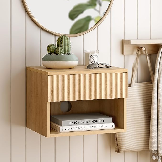 Small Floating Nightstand Set of 2, Modern Fluted Night Stand with Drawer and Open Storage Shelf Wall Mounted Bedside Tables Natural Oak