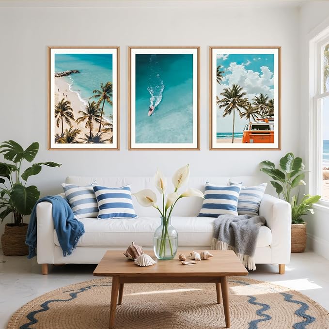LHIUEM Large Nature Surfboard Beach Framed Canvas Wall Art,Summer Ocean Surfing Wall Decor,Palm Trees Wall Painting,Modern Picture Artwork for Living Room,Bedroom,Dining Room,Office -16"x24"x3