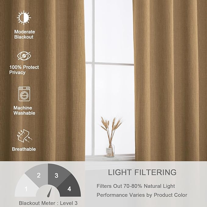 Jacquard Linen Curtains 72 inch Length 2 Panels Thick Faux Linen Blended Window Drapes Burlap Textured Curtains with Grommet for Living Room Bedroom Farmhouse (52x72 Light Coffee) Natural