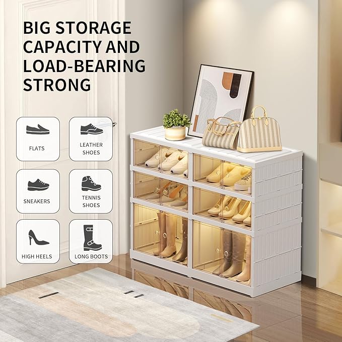 3-Tier Foldable Shoe Rack Organizer for Closet 12Pairs Plastic Shoe Shelf Collapsible Shoes Storage Box Clear Shoe Boxes Stackable with Door Easy Assembly Shoe Cabinet with Lids Large