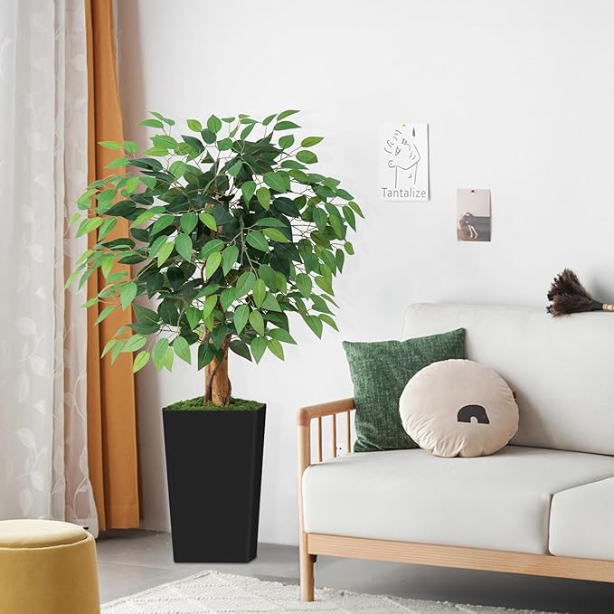 4ft Ficus Artificial Tree with 3 Natural Curved Trunks, 48" Tall Lush Faux Tree for Home Decor Indoor, Green Lifelike Fake Ficus Tree with Black Planter Pot