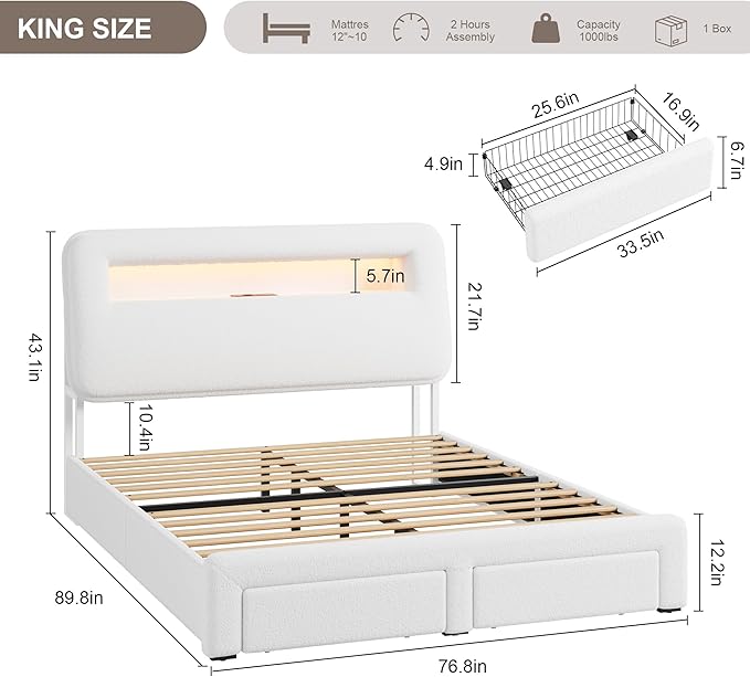 King LED Bed Frame with Storage Headboard & Charging Station, Kids Bed Frames with Bookcase, Teddy Fleece Upholstered Platform Bed Frames with 2 Storage Drawers, Noise Freed, Beige