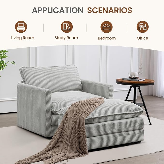ROWHY Single Armchair with Ottoman, Modern Corduroy Cloud Couch with Convertible Chaise, Upholstered Sofa Set for Living Room, Light Grey