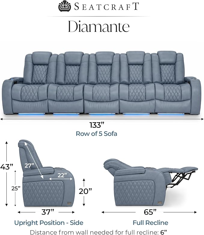 Seatcraft Diamante Zero-Gravity CoolZero Italian Leather Home Theater Seating, Power Headrest, Power Recline, Row of 5 Sofa, Smokey Blue