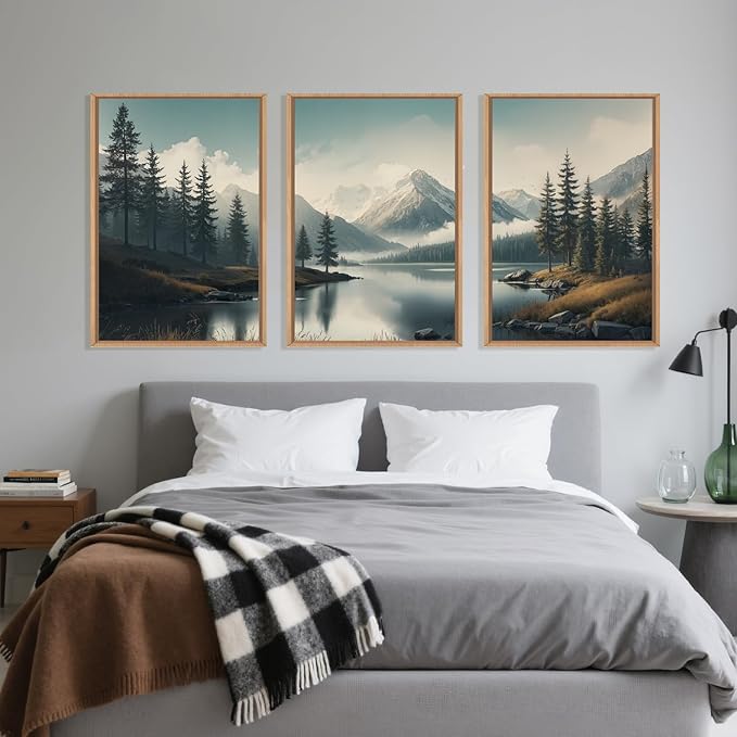LHIUEM Large Mountain Misty Forest Framed Canvas Wall Art,Nature Ridge Foggy Wall Decor,Snow Lake Woodland Wall Painting,Pine Tree Artwork for Living Room,Bedroom,Dining Room,Office -16"x24"x3