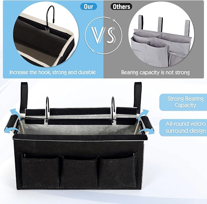 Ozzptuu Bedside Storage Caddy/Bedside Hanging Storage Bag for Headboards Bunk Beds Dorm Rooms Book Phone Magazine Holder (New Black)