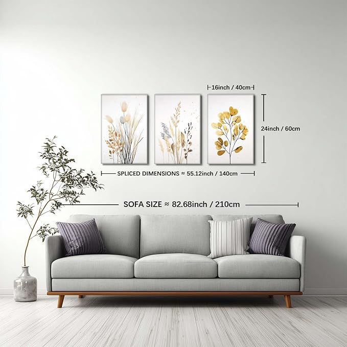 YCJKJDZ Beige Botanical Wrapped Canvas Wall Art Set of 3, Boho Watercolor Wildflower Pampas Grass Poster Neutral Leaf Art Fall Nature plant Prints for Living Room, Bedroom, Office, – 16x24 in