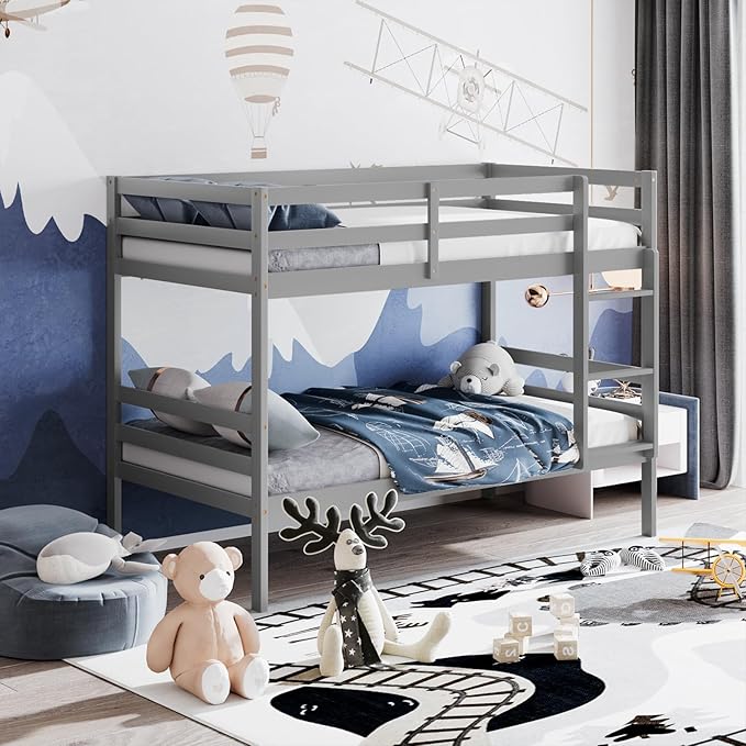 KOMFOTT Wood Bunk Bed Twin Over Twin, Bunk Bed with Ladder & Safety Guardrail, Solid Wood Bed Frame, Ideal for Dormitory & Multiple-Child Family, No Box Spring Needed, Kids Bunk Bed