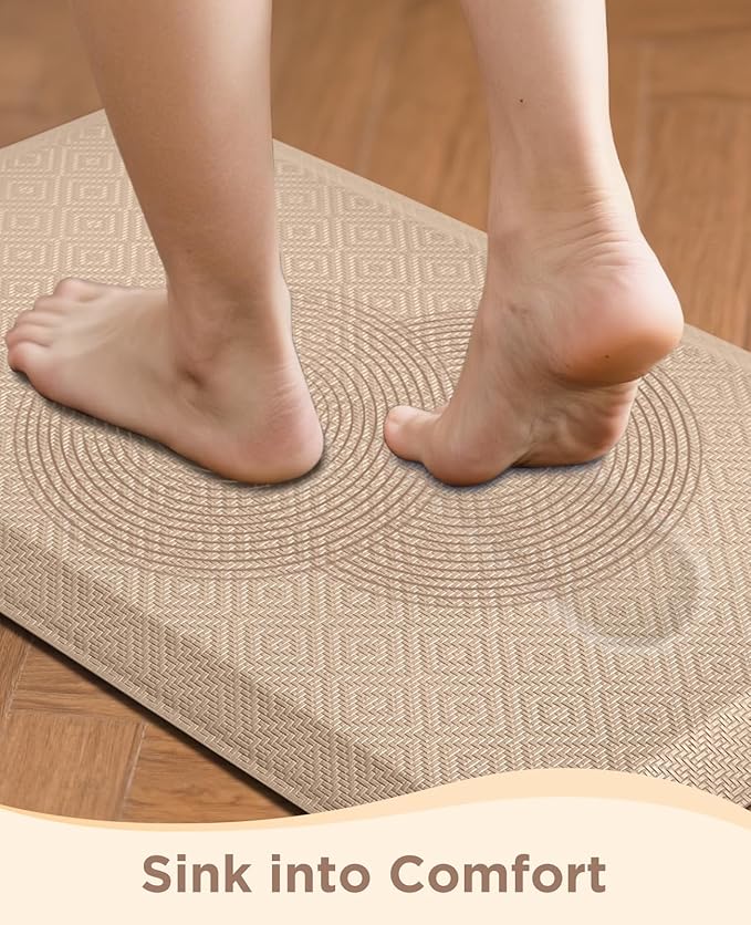Ophanie Kitchen Mats for Floor, 3/4 inch Thick, 17x24 Anti Fatigue Cushioned Mat, Kitchen Rugs, Waterproof, Comfort Ergonomic Standing Mat for Office, Home, Sink, Beige Non-Slip Ridged Bottom