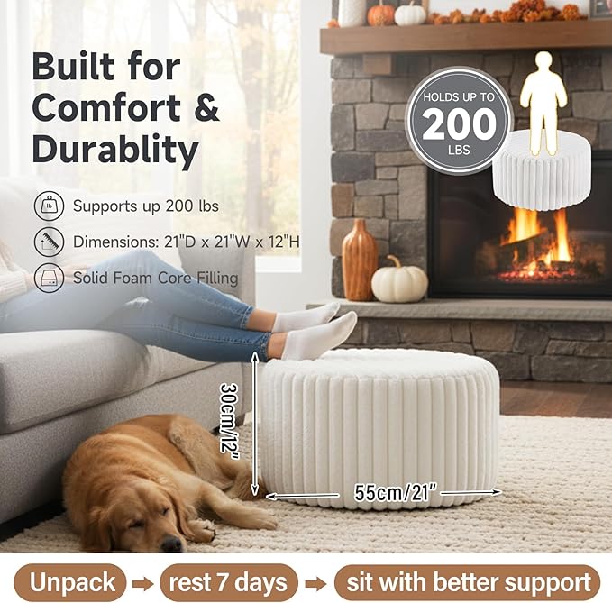 Tiita Round Stuffed Pouf Ottoman, Stripe Faux Fur Poufs with Foam Chunk Filling, Furry and Fluffy Pouf 21×21×12 inch Foot Stool Storage Ottoman,Puff Office Foot Rest for Couch Living Room, Beige