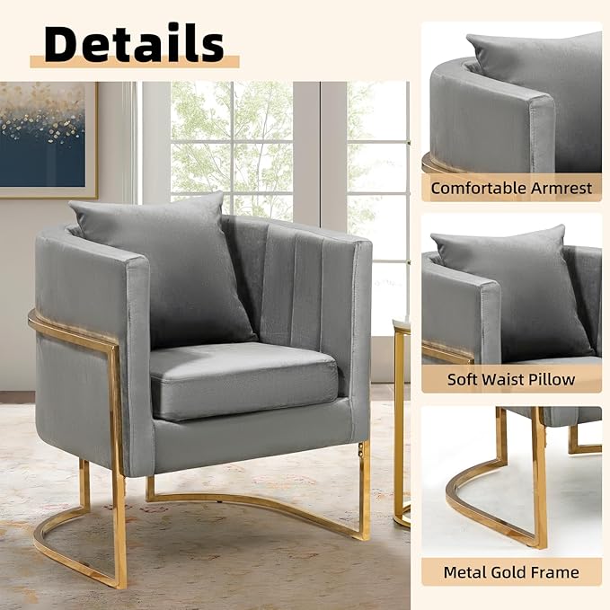 Velvet Modern Accent Chairs Set of 2, Upholstered Barrel Armchair Mid Century with Pillow for Living Room, Comfy Single Vanity Chair with Metal Gold Legs for Bedroom, Grey