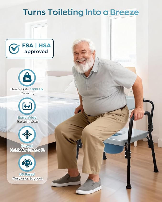 Bariatric Bedside Commode Chair - Heavy Duty 1000 Lbs Capacity - Extra-Wide Seat & Adjustable Height - 3 in 1 Steel Frame Over-The-Toilet Commode for Obese, Elderly & Disabled