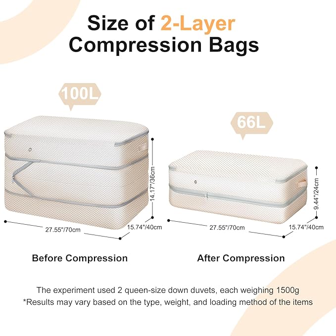 Comforter Storage Bag - Large Capacity Bedding Storage Bags Ultra Space Saving Self Compression Organizer, Washable Compression Bags for Storage Comforter Blanket Duvet Pillow, 2-Pack, Beige