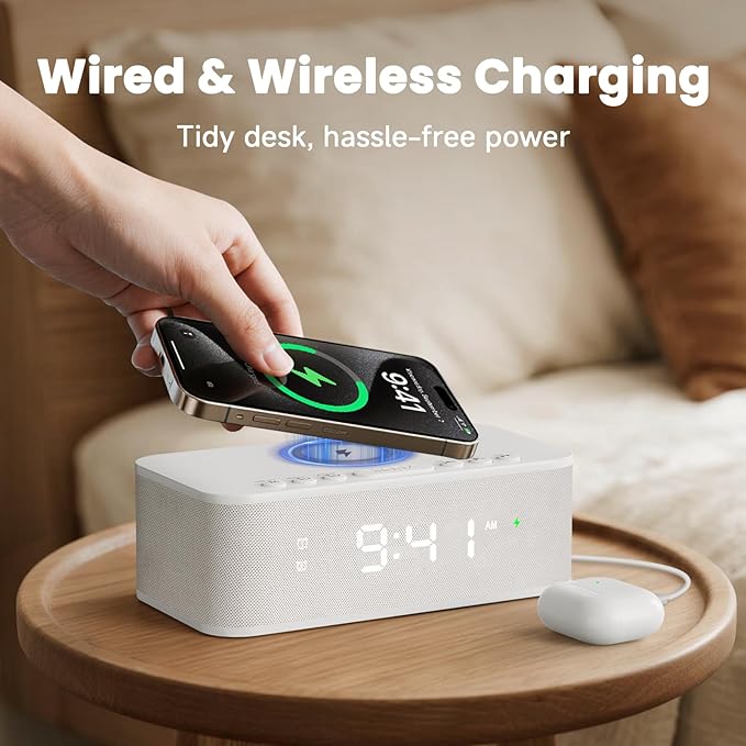Digital Alarm Clock White Noise, Loud Digital Alarm Clocks Bedrooms, Alarm Clock Speaker Wireless Charger AUX USB Bluetooth Speaker 12/24H Dual Alarm Snooze Adjustable Brightness, White