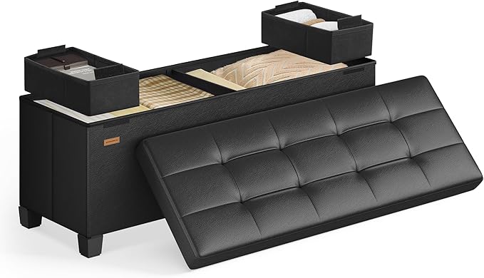 SONGMICS Storage Ottoman, Storage Bench with Legs, 15 x 43.3 x 15.7 Inches, Ottoman Bench, 30 Gal. (112 L), Synthetic Leather, for Living Room, Entryway, Ink Black ULSF0514B02