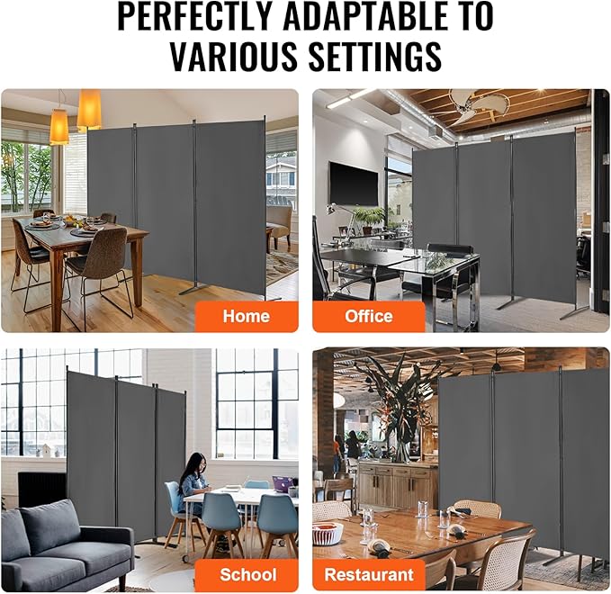 VEVOR Room Dividers, 3 Panel Room Divider, Folding Privacy Screen and Portable Partition Divider for Room Separation, Freestanding Room Partitions for Office, Bedroom, Study, Grey