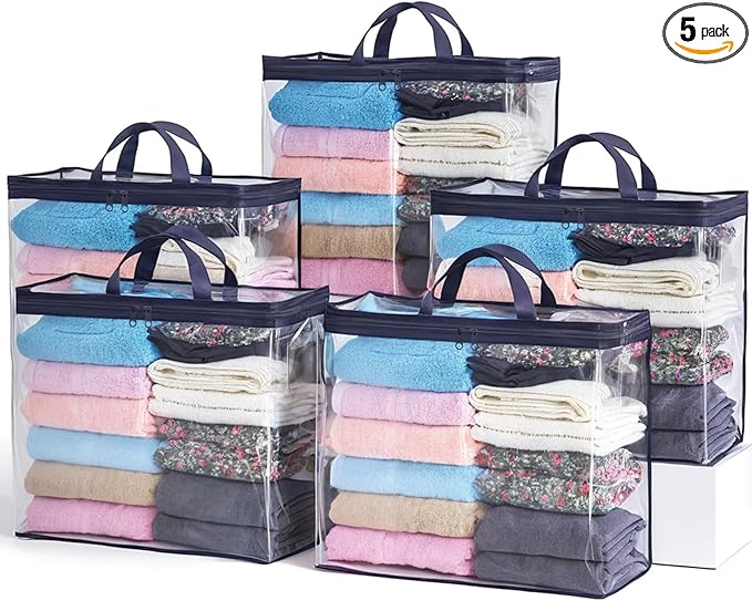 5 Pack Clear Storage Bags for Clothes, 22L Blanket Storage Bags, Under Bed Storage, Closet Organizers Bag, Upgraded Version Two-Way Zippers Design(Navy Blue)