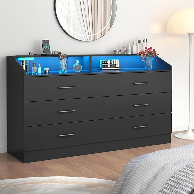 6 Drawer Dresser with Power Outlet, Chest of Drawers with LED Light, Modern Dresser with Open Storage Cubby, Double Wide Dressers Organizer for Bedroom, Living Room, Entryway, Hallway