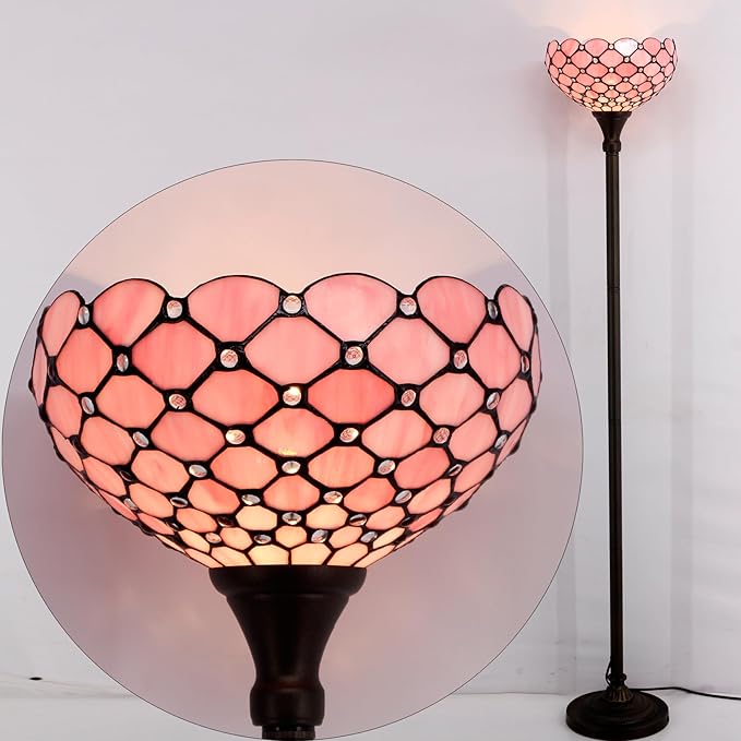 WERFACTORY Tiffany Floor Lamp Pink Stained Glass Pearl Bead Light 12X12X71 Inches Torchiere Standing Corner Torch Uplight Decor Bedroom Living Room Home Office S005P Series