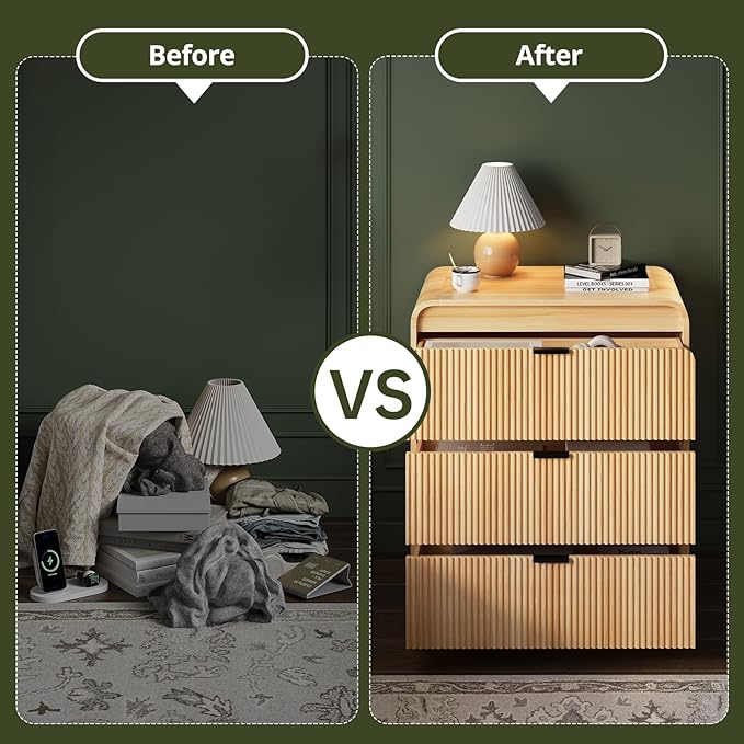 FURSUN 32" Tall Fluted Nightstand, 3 Drawers Wooden End Table w/Storage, Curved Profile Design, Modern Bedside Table for Bedroom, Natural Oak