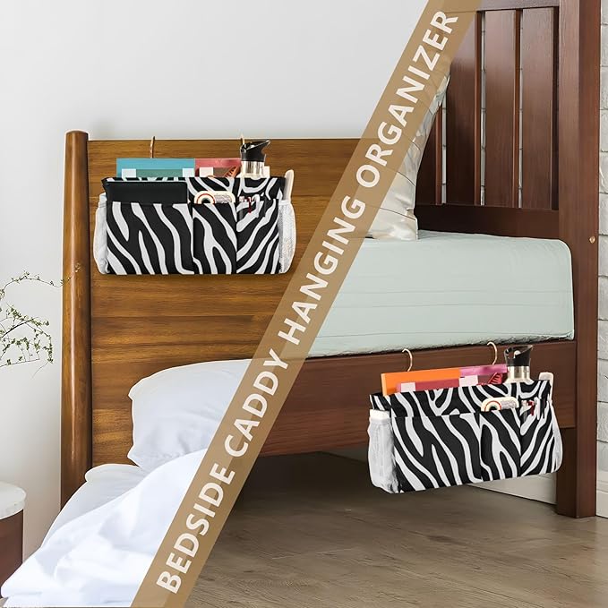 Bedside Caddy Hanging Bunk Bed Caddy Bed Organizer Hanging Pocket with 2 Hooks Bedside Storage Organizer Pocket Bag Holder White Black Zebra Print