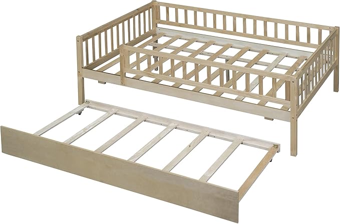 Bellemave Full Size Bed Frames with Rails for Kids, Full daybed Frame with Trundle for Boys/Girls/Adults， Natural