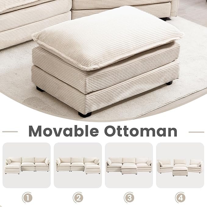 78'' Modular Sectional Cloud Couch with 2 Movable Ottoman, 4 Seat Comfy Modern Corduroy Sofa with 2 Throw Pillows, Deep Seat Sleeper Couch for Living Room Bedroom Apartment, Beige