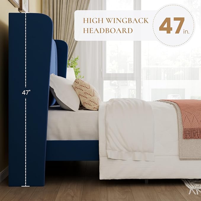 SHA CERLIN Full Size Velvet Upholstered Platform Bed Frame with Vertical Channel Tufted Wingback Headboard, Wooden Slats Support, Easy Assembly, Under Bed Storage, No Box Spring Required, Blue