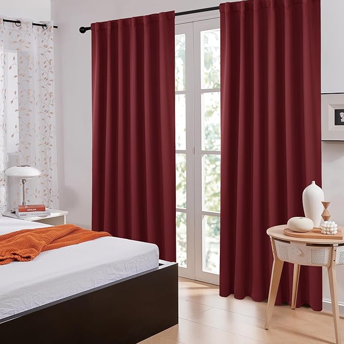 Deconovo Rod Pocket and Back Tab Curtains Thermal Insulated Window Draperies Blackout Drapes for Sunroom 52Wx95L Inch Burgundy Red 2 Panels
