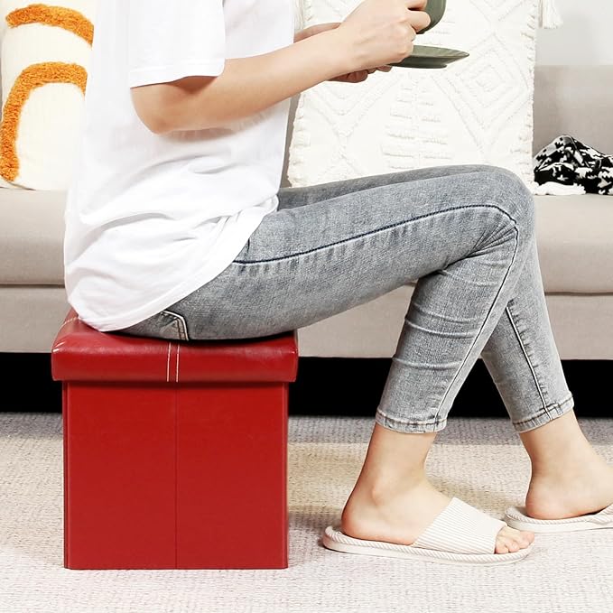 B FSOBEIIALEO Folding Storage Ottoman Cube, Faux Leather Footrest Seat Coffee Table, Red 11.8"x11.8"x11.8"