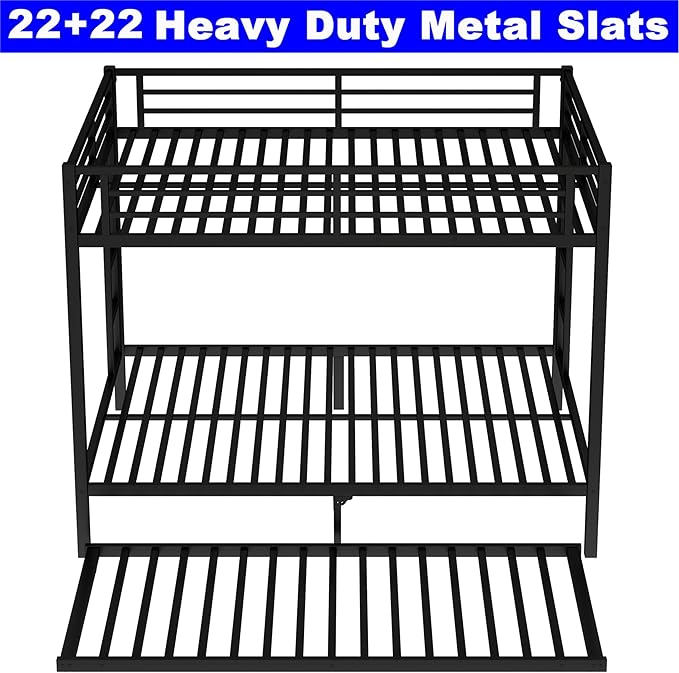 Upgraded Version Thicken Metal Queen Over Queen Bunk Bed with Trundle, Heavy-Duty Steel Bunk Bed for Adults, Easy Assemble (with Trundle)