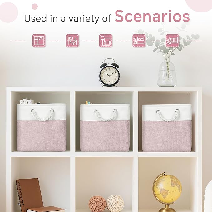 Cube Storage Bins, 6 Pack 11x11 inch with Cotton Handles for Closet, Shelves, Clothes, Towel (White/Pink)
