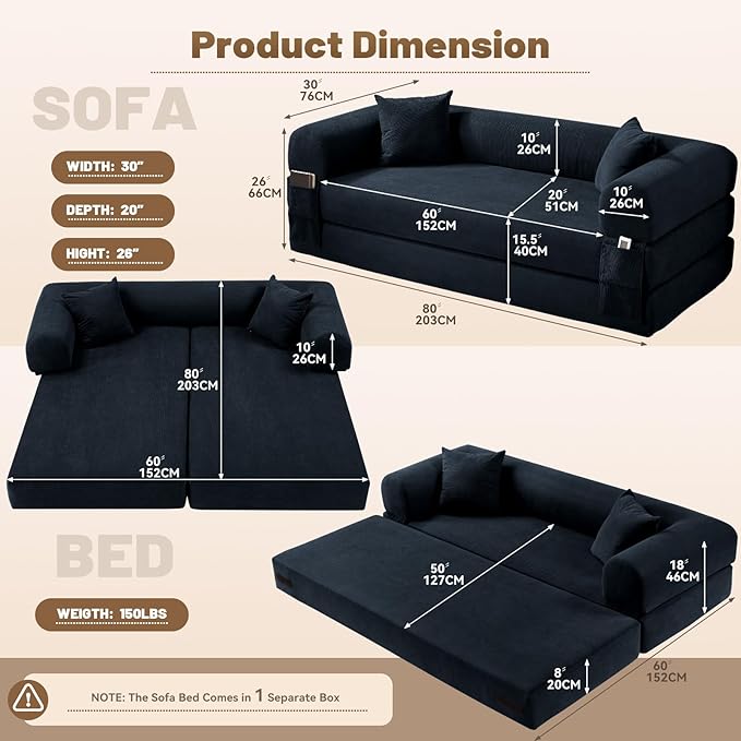 Convertible Sofa Bed,80" Folding Sleeper Sofa Bed Queen with Pillows & Storage,Corduroy Pull Out Couch Boneless Couches for Living Room,Compressed Couch in a Box,Deep Blue