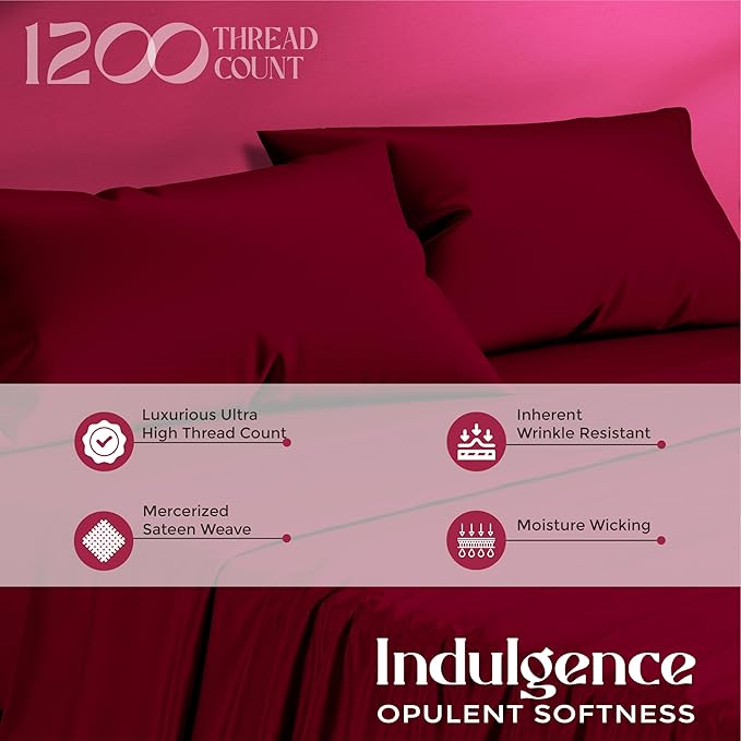 Mayfair Linen 100% Egyptian Cotton Sheets King Size - Luxury 1200 High Thread Count Egyptian Cotton King Size Sheets Set (4 PC, Burgundy), Soft, Cooling, 17" Deep Pocket Sateen Weave Hotel Bedding