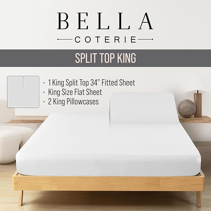Bella Coterie Luxury Bamboo Viscose 34” Split Top King Size Sheet Set | 1 Fitted Sheet for Sleep Number & Adjustable Beds | 100% Organically Grown | Cooling & Soft | 18” Deep Pocket [White]