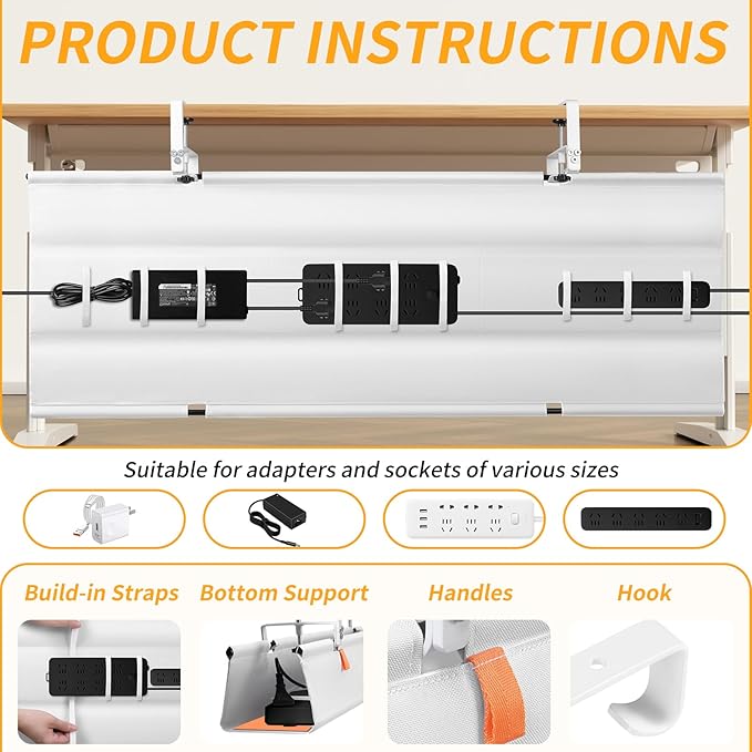 No Drill Under Desk Cable Management Tray, 48" Cord Organizer with Clamp, Fabric Cable Management for Standing Desks, Ideal for Home & Office - White