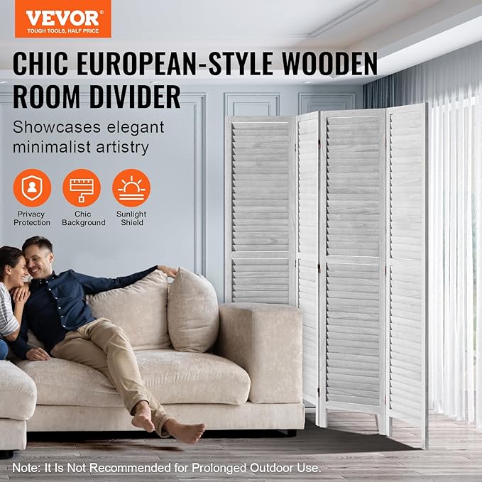 VEVOR Wood Room Divider, 4 Panel Folding Privacy Screen, 66.9 Inches Tall Indoor Wooden Partition, Portable Decoration Screen, for Room Separation, Home, Office, Restaurant & Bedroom (Light Grey)
