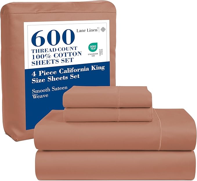 LANE LINEN California King Sheet Sets - 600 Thread Count Cal King Sheet Set - 100% Cotton Sheets Cal King - Ultra Soft Cal King Sheets Set - Sateen Weave California King Bed Sheet Set - Rose Dawn